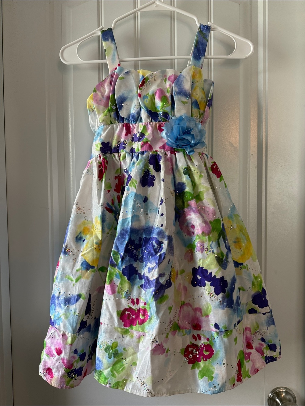 Gently worn emily west White Floral Watercolor Dress with Blue Flower